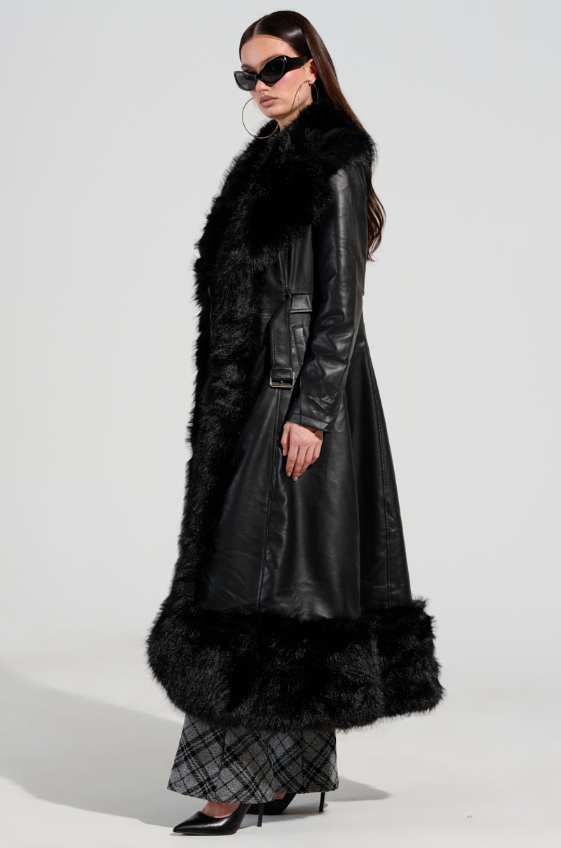 VIVAN LONG PU TRENCH WITH FAUX FUR TRIM