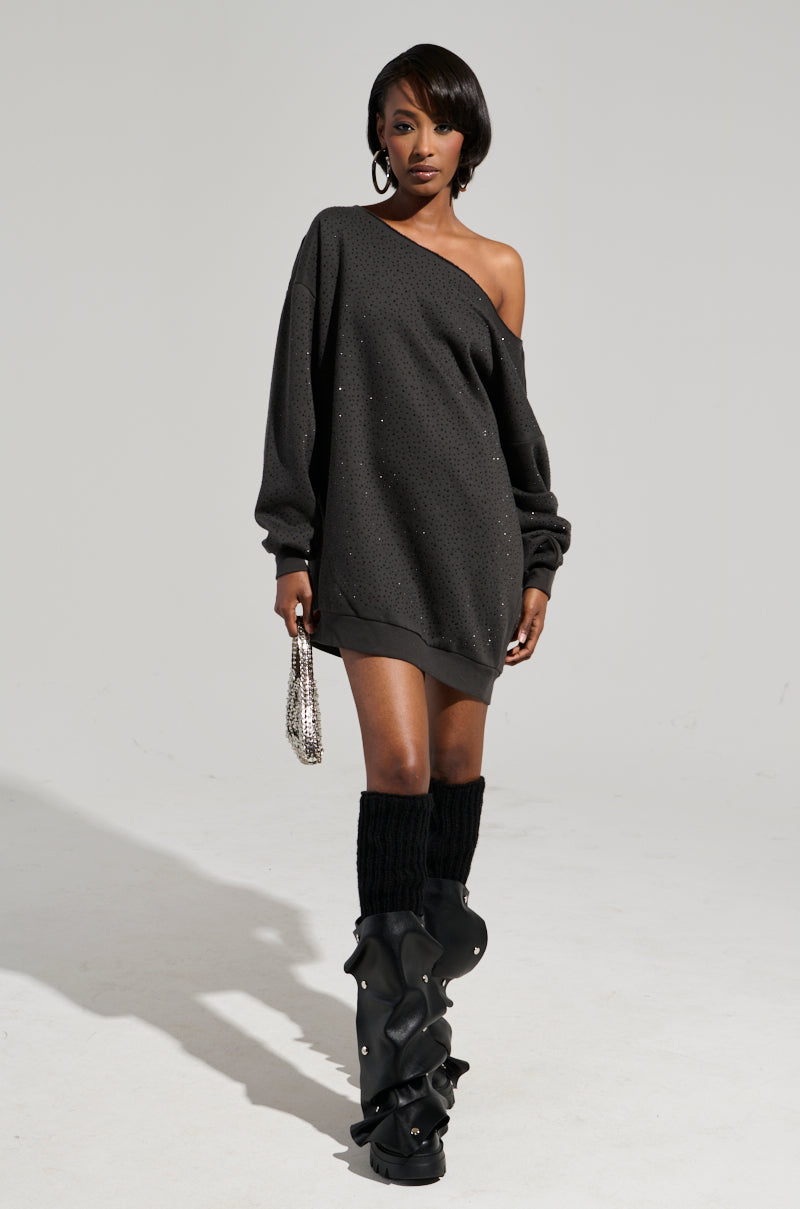 STREET STYLE OVERSIZED RHINESTONE SWEATSHIRT DRESS