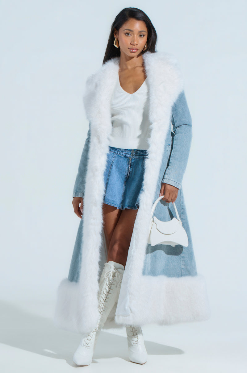 VIVIAN FUR TRIM COAT IN DENIM