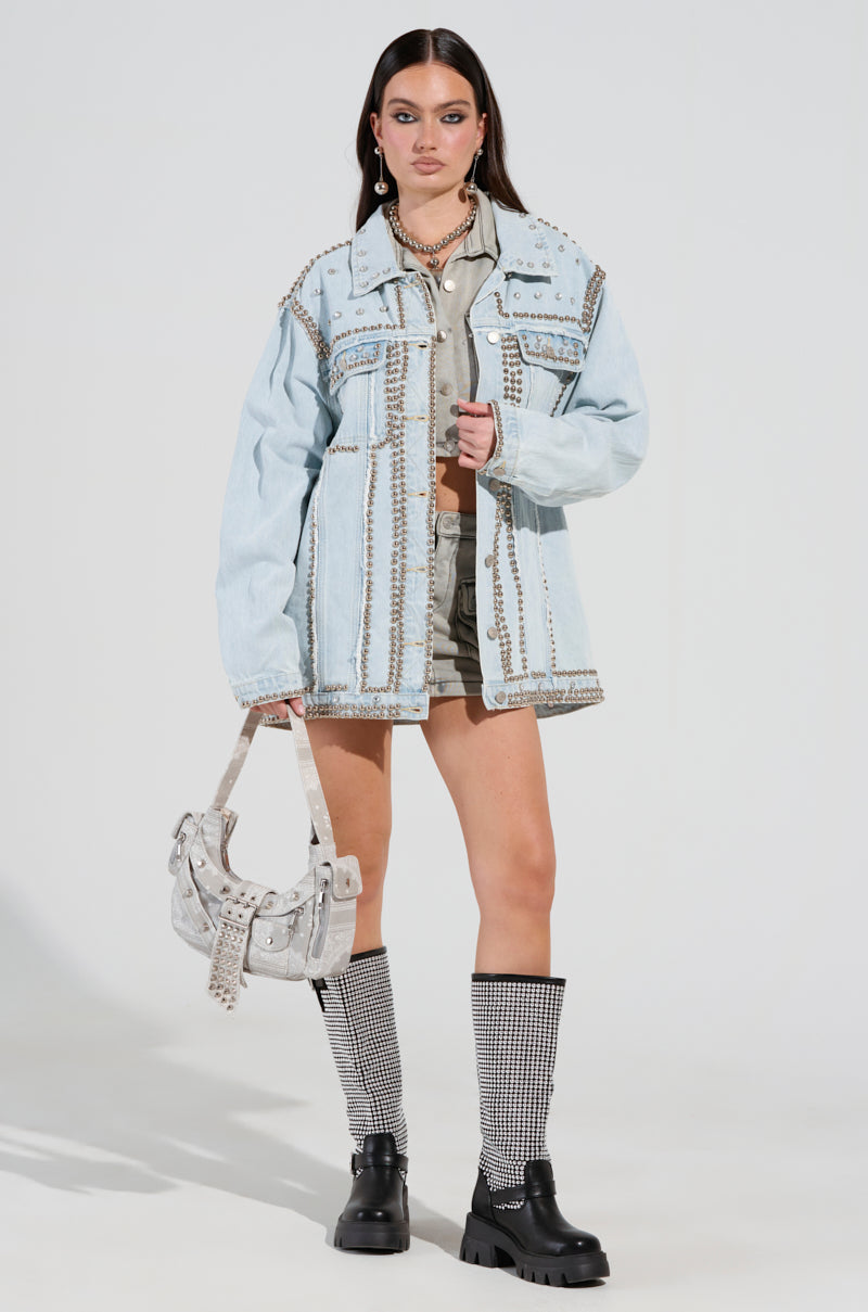 GAME TIME EMBELLISHED LONGLINE DENIM JACKET