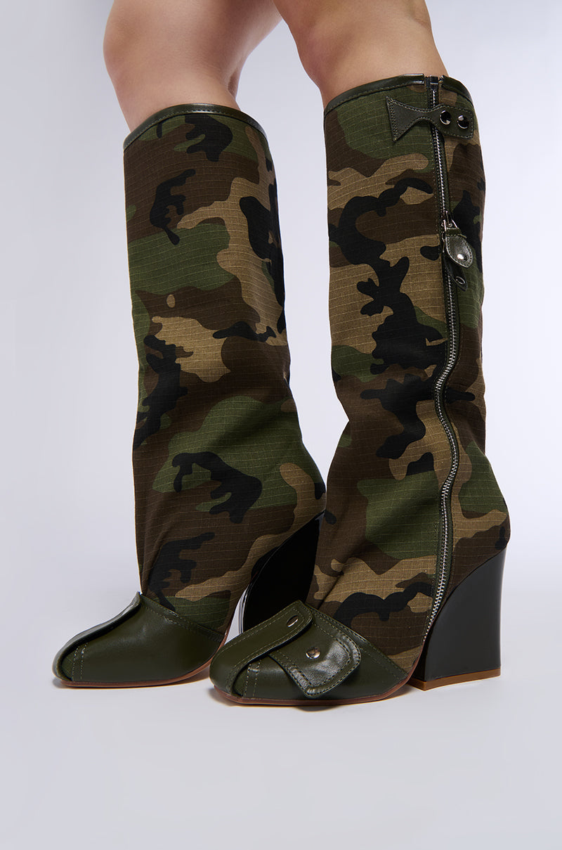 REPORTING FOR DUTY SENNA CAMO WEDGE HEEL BOOT