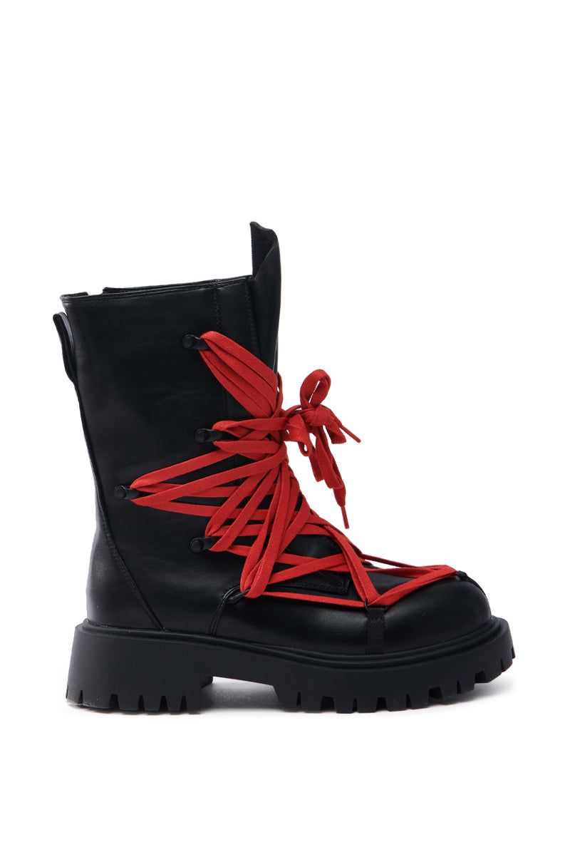 AZALEA WANG ARJUN LACE DETAIL COMBAT BOOTIE IN BLACK WITH RED LACE