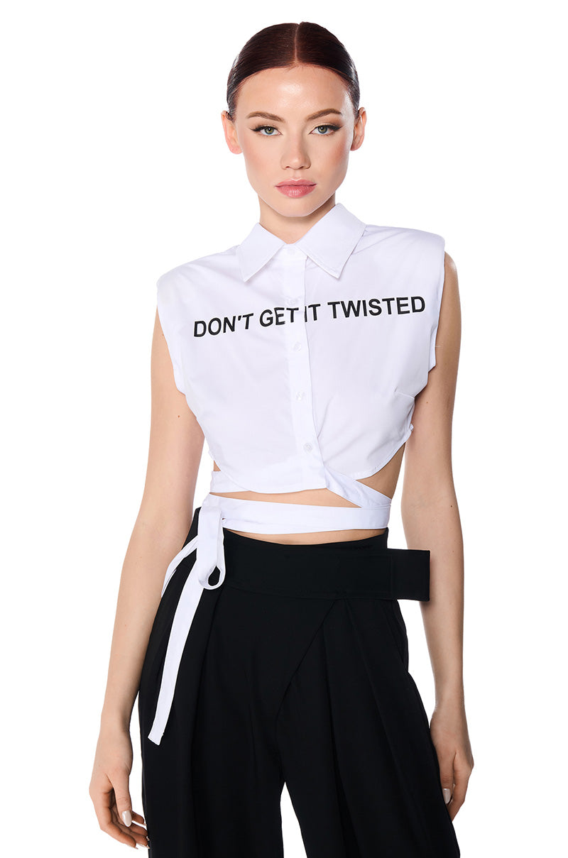 DON'T GET IT TWISTED TIE WAIST COLLARED POPLIN SHIRT