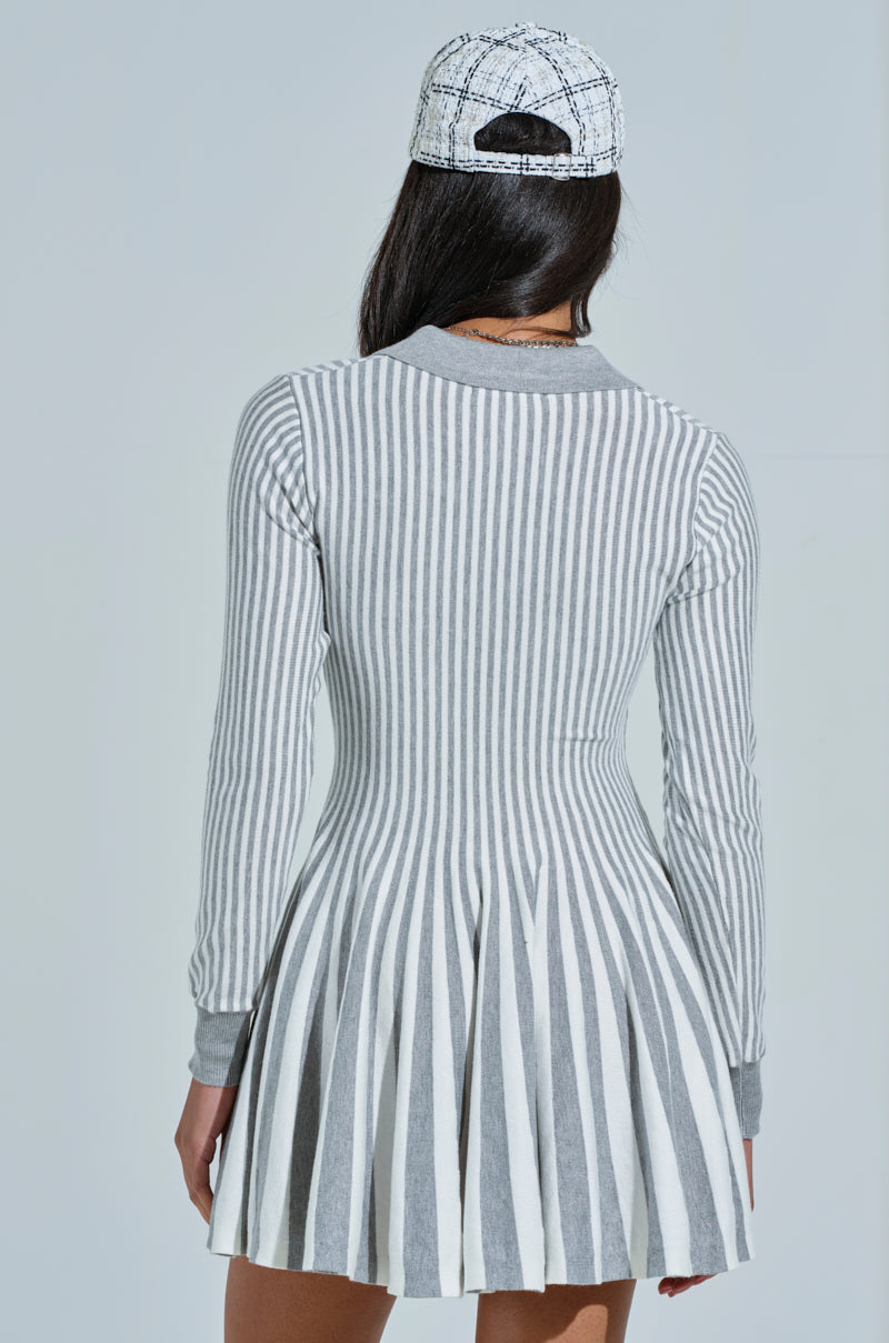 ALINA PLEATED KNIT FIT AND FLARE MINI DRESS WITH LONG SLEEVES