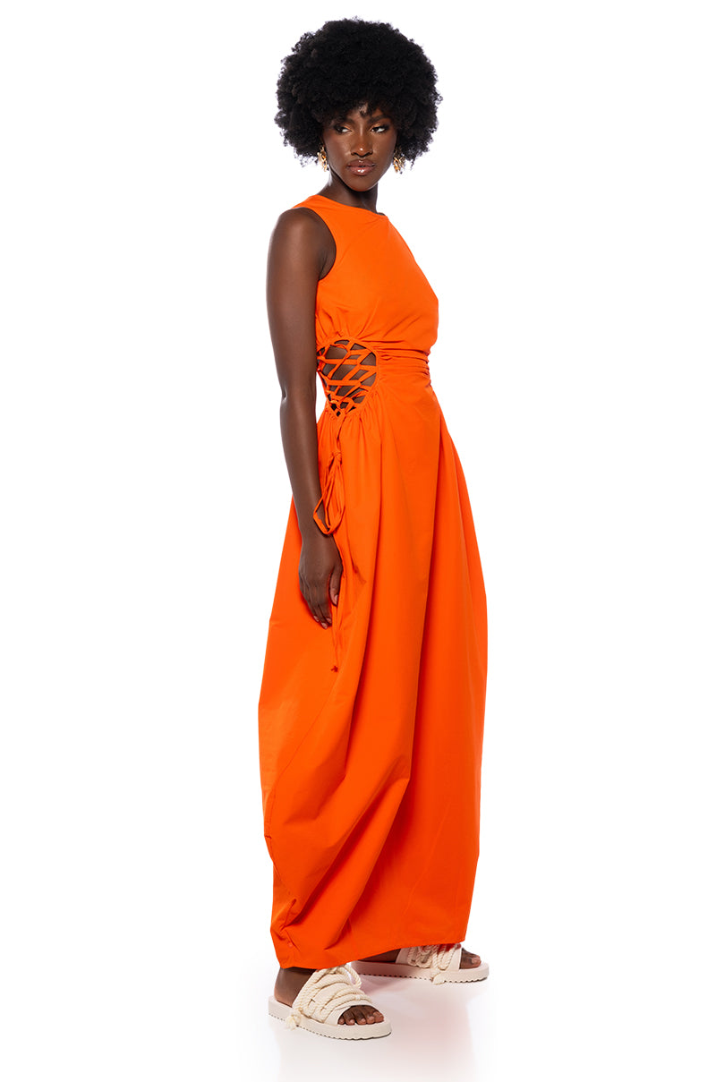 ALINA LACE UP DETAIL MAXI DRESS IN ORANGE