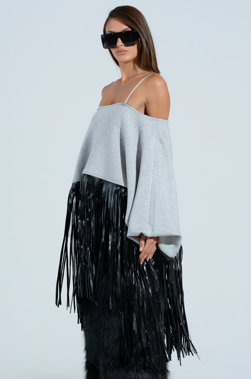 CITY GIRL FAUX LEATHER FRINGE SWEATSHIRT