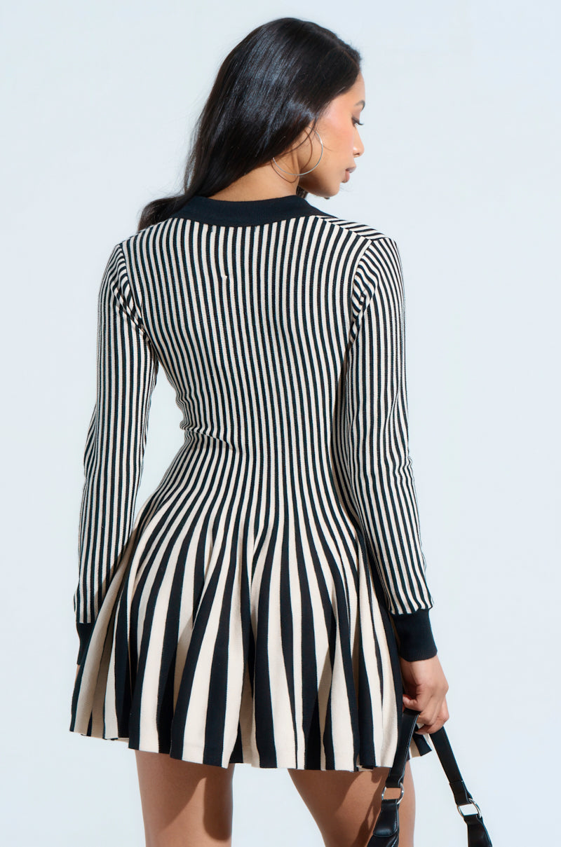 ALINA PLEATED KNIT FIT AND FLARE MINI DRESS WITH LONG SLEEVES