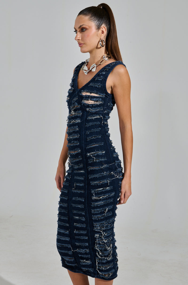 SHE'S GOT IT SHREDDED DENIM MIDI DRESS IN DARK BLUE