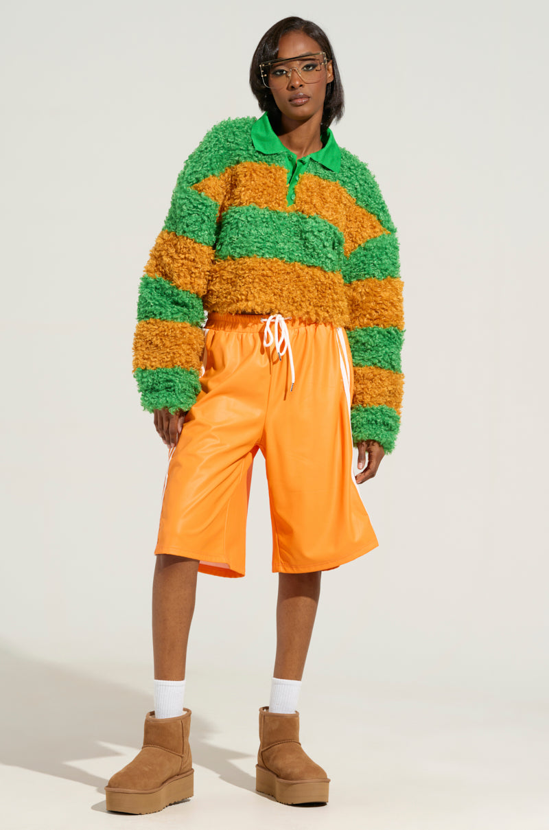 IN MY FEELINGS STRIPE POLO SWEATSHIRT IN GREEN