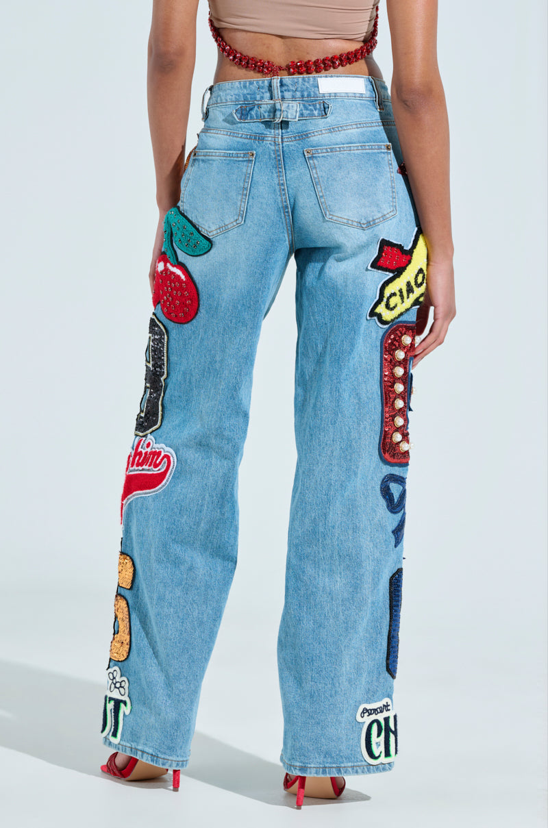 CHECK IT OUT OVERSIZED PATCH JEANS