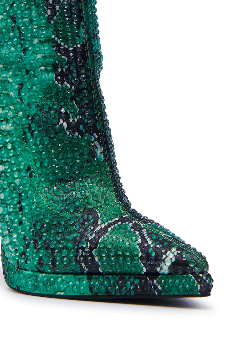 AZALEA WANG ROHESIA GREEN SNAKE RHINESTONE BOOTIE