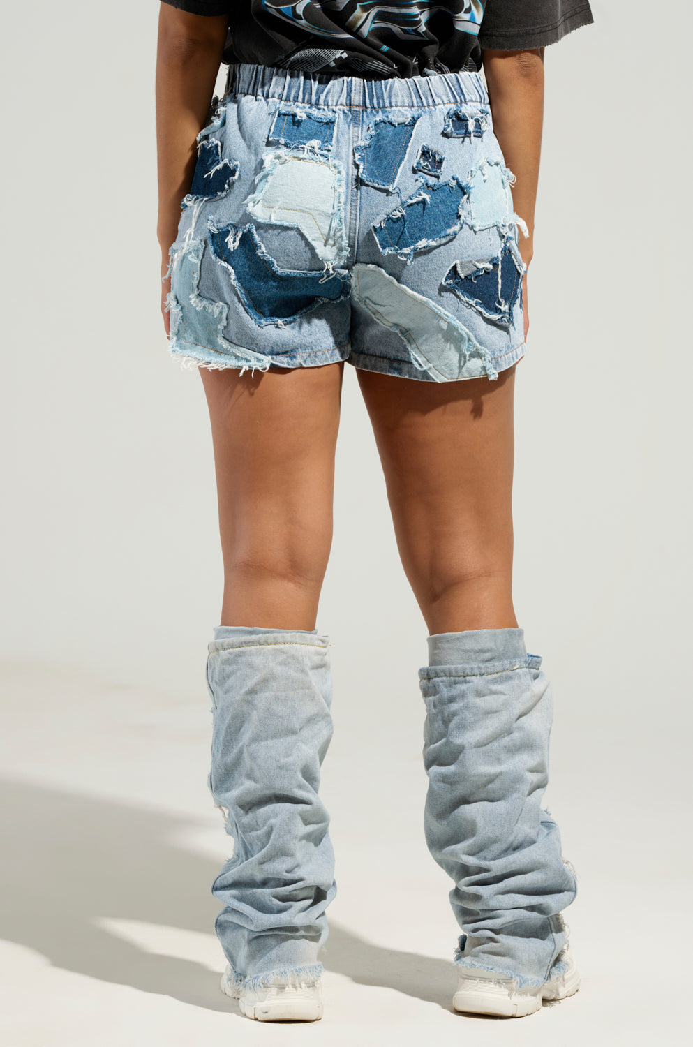 BAD IDEA DENIM PATCHWORK SHORTS