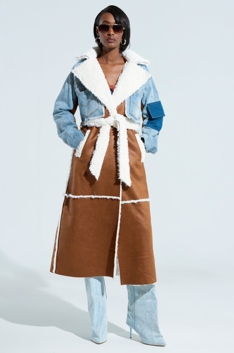 AZALEA WANG AMINA SHEARLING TRENCH WITH DENIM CROP