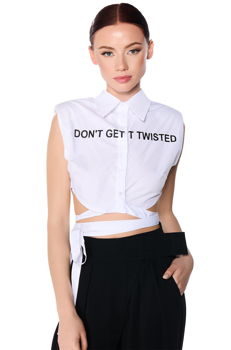 DON'T GET IT TWISTED TIE WAIST COLLARED POPLIN SHIRT