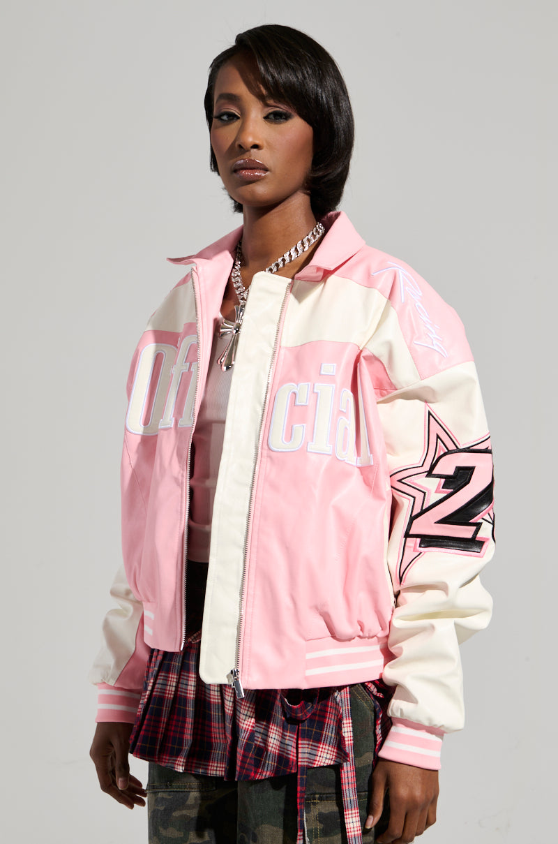 KEEP IT MOVING MOTO BOMBER IN LIGHT PINK