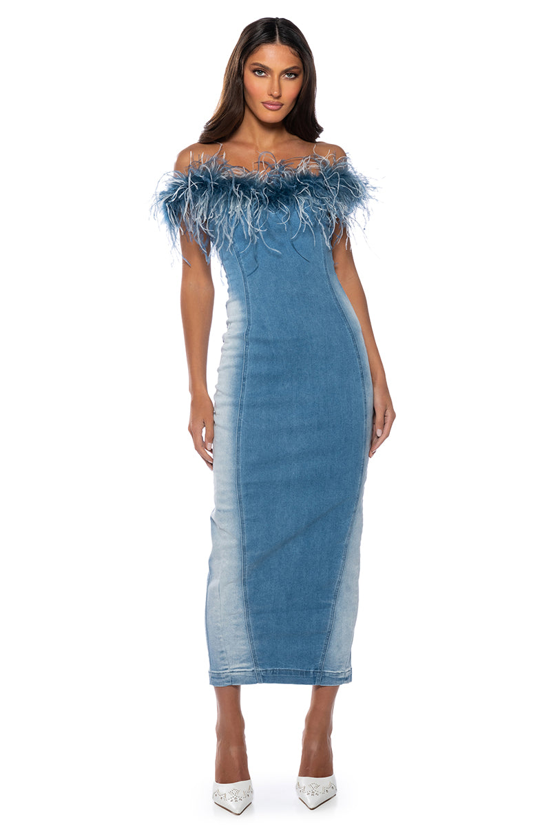 HIT THE TOWN FEATHER TRIM DENIM MAXI DRESS