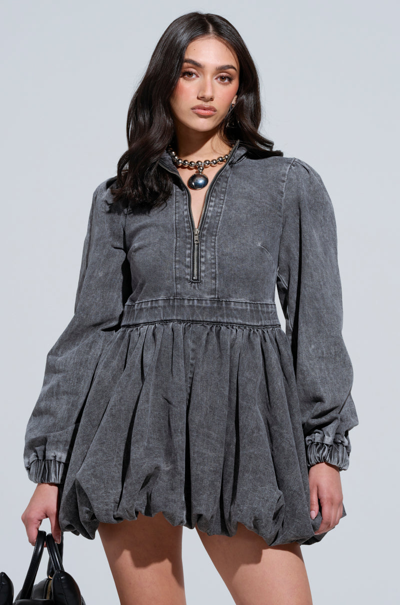 PASS THE BUBBLY DENIM MINI DRESS