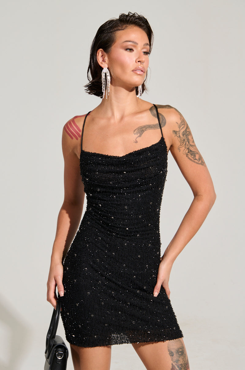 A NIGHT TO REMEMBER SLINKY RHINESTONE MINI DRESS IN BLACK