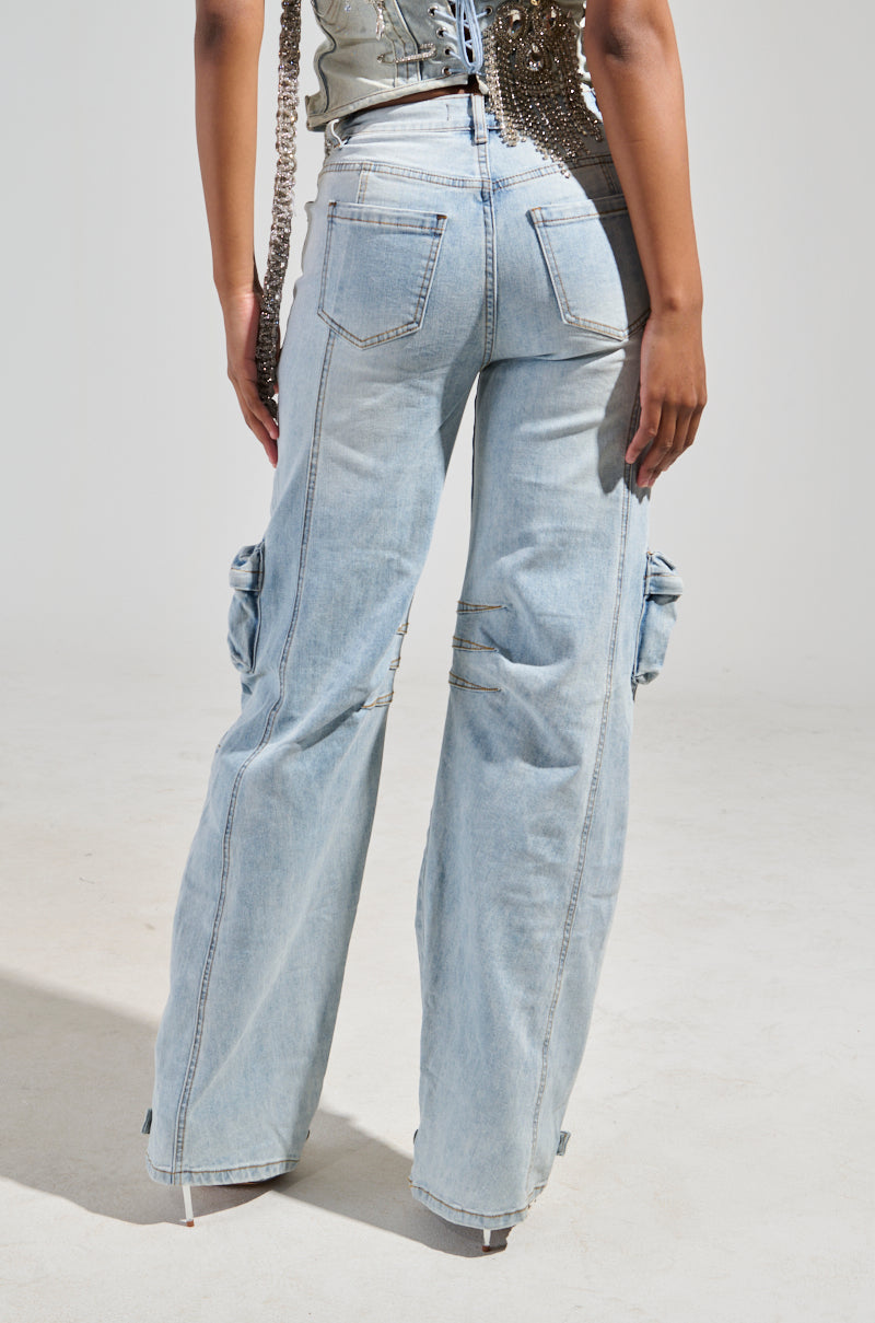 CALLING THE SHOTS CARGO DENIM WITH RHINESTONES