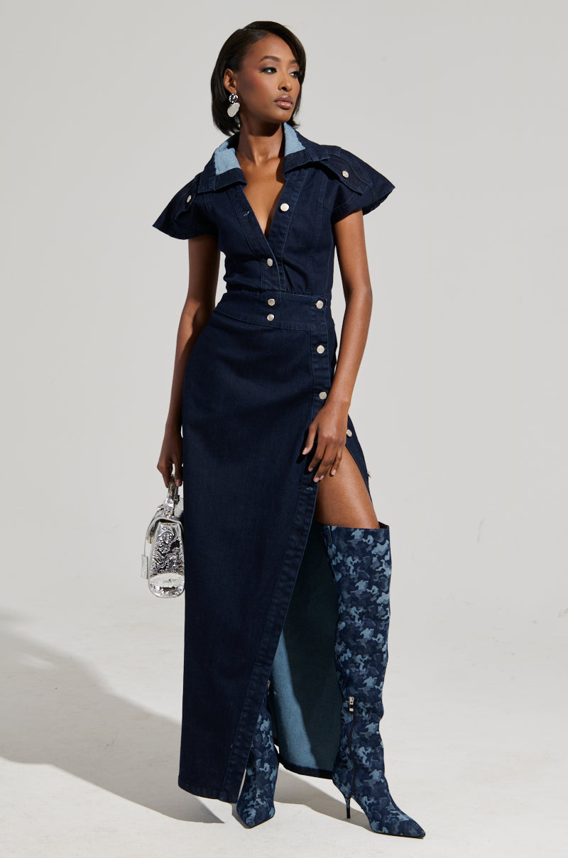 CHELSEA BUTTON SIDE DENIM MAXI DRESS