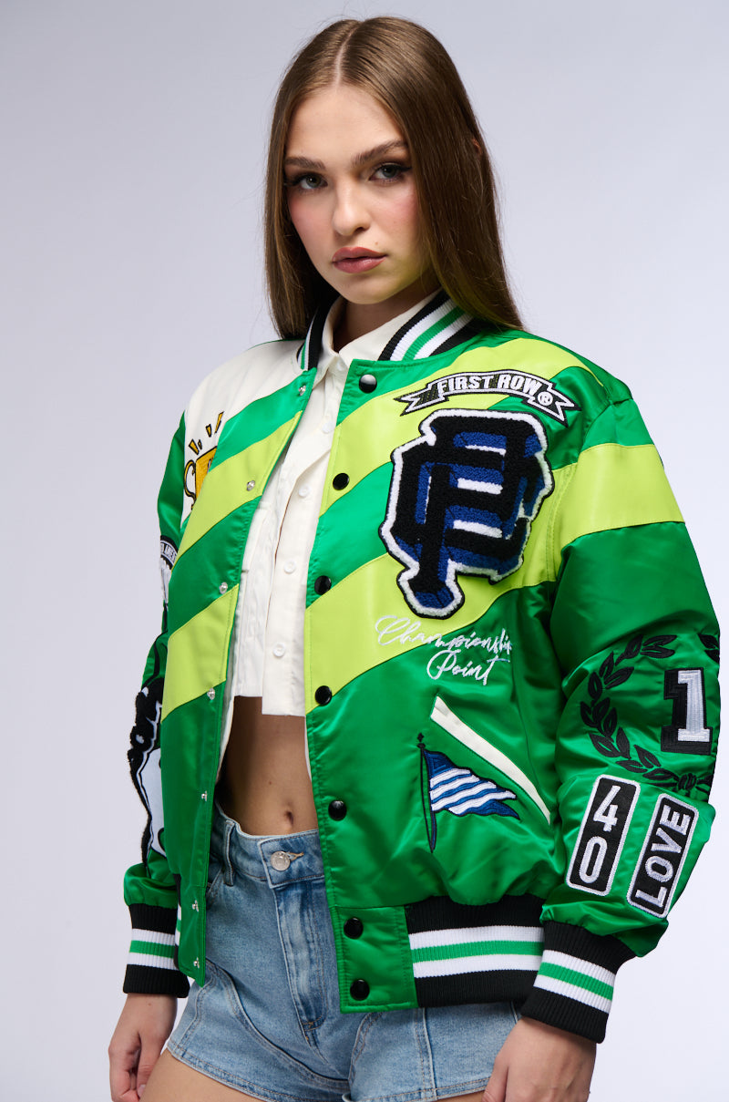 FIRST ROW SEAT COLOR BLOCK BOMBER JACKET IN GREEN