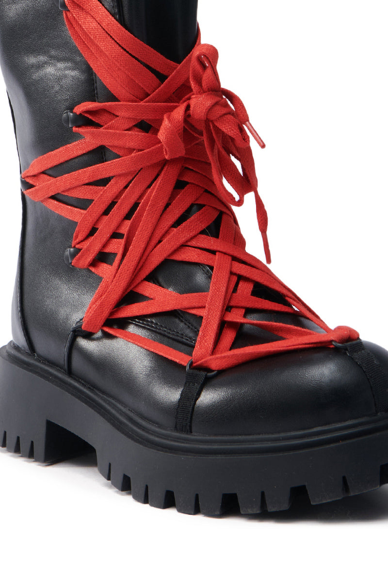 AZALEA WANG ARJUN LACE DETAIL COMBAT BOOTIE IN BLACK WITH RED LACE