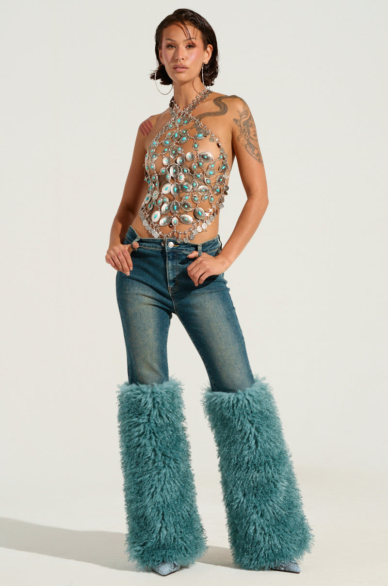 SIT PRETTY FUR TRIM JEANS IN BLUE DENIM