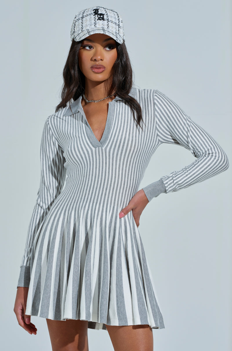 ALINA PLEATED KNIT FIT AND FLARE MINI DRESS WITH LONG SLEEVES