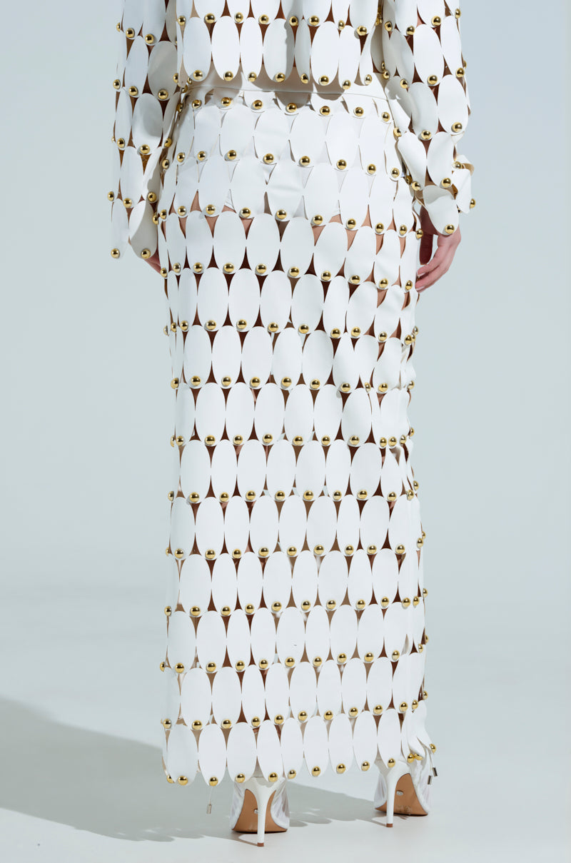 THE SNEAK PEEK STUDDED PU MIDI SKIRT IN WHITE