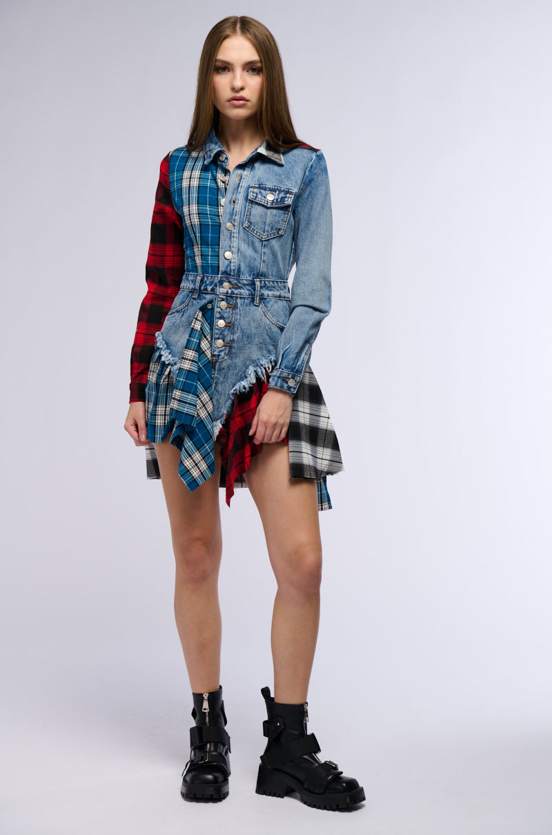 PATCHWORK PLAID DENIM MINI DRESS