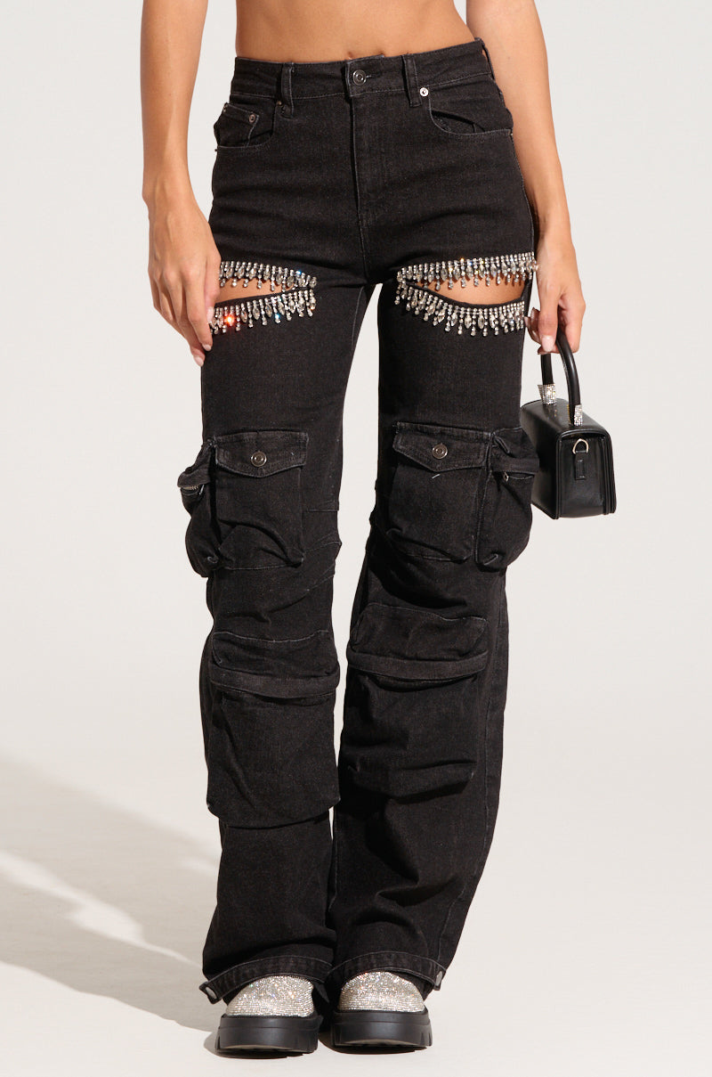 CALLING THE SHOTS CARGO DENIM WITH RHINESTONES IN BLACK