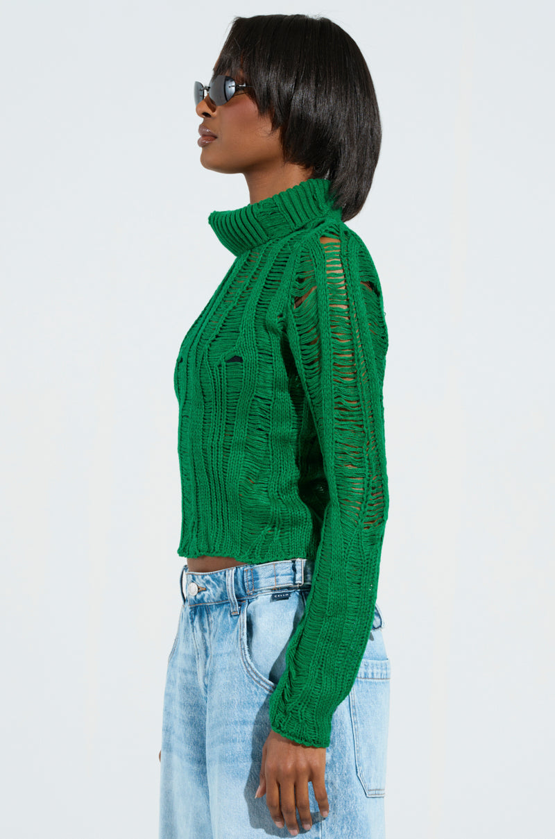 SEXY LOOSE WEAVE HIGH NECK SWEATER IN GREEN