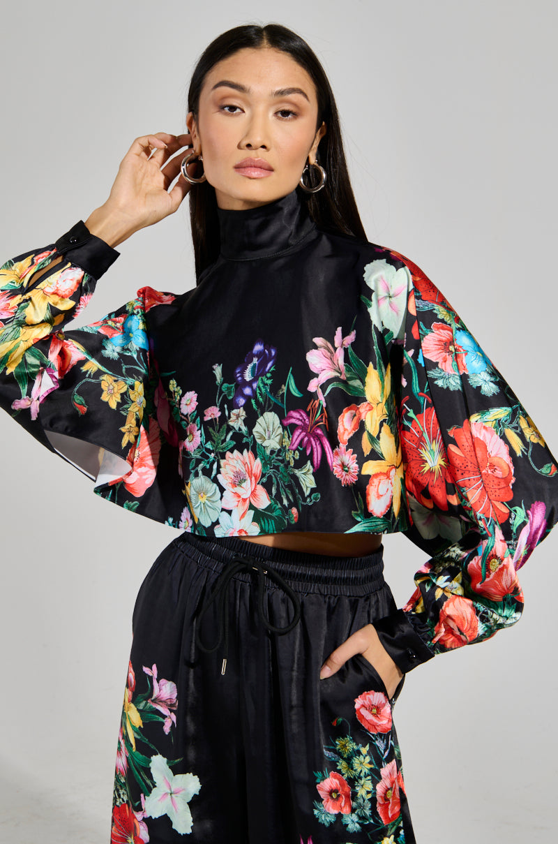 FULL BLOOM SATIN MOCK NECK BLOUSE