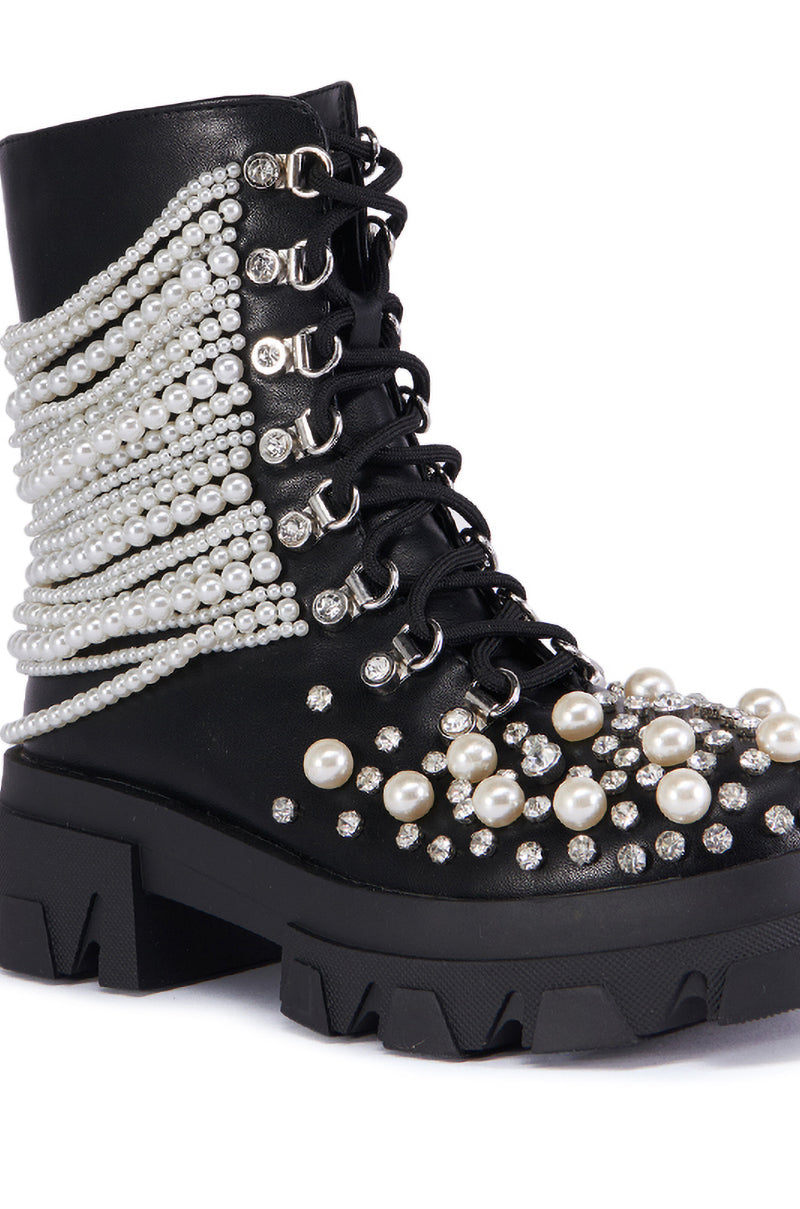 AZALEA WANG TWINKLEY BLACK PEARL EMBELLISHED COMBAT BOOTIE