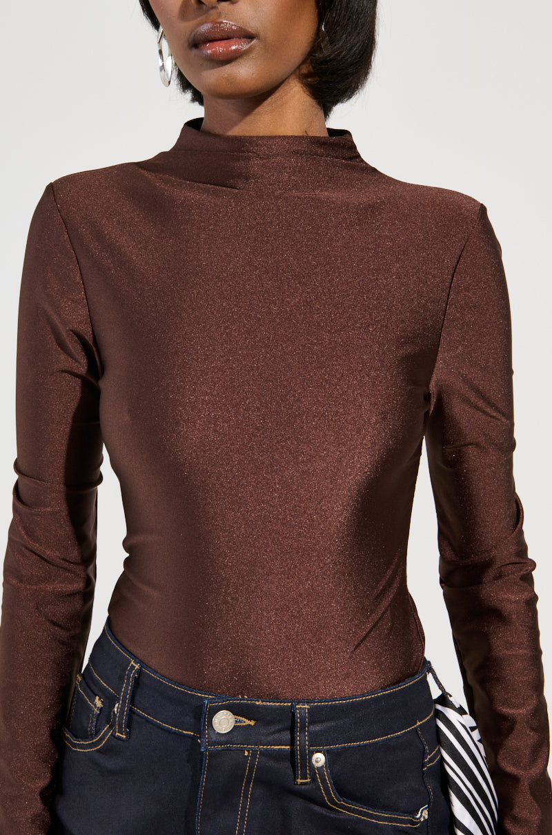 PAXTON DISCO LONG SLEEVE MOCK NECK BODYSUIT IN BROWN