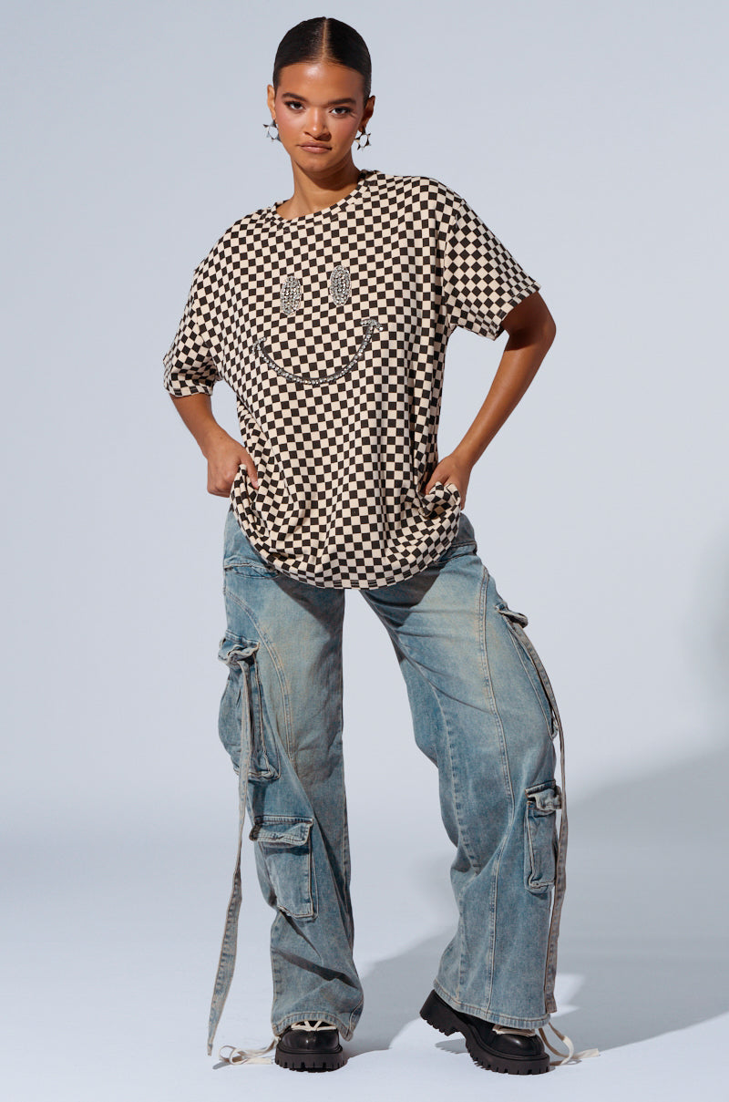 RHINESTONE SMILEY FACE OVERSIZED CHECKERED TSHIRT