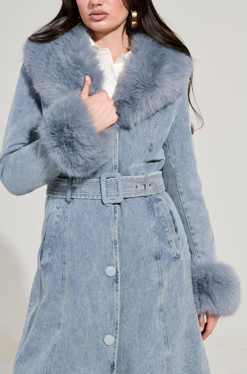 KAYA FUR TRIM TRENCH IN DENIM