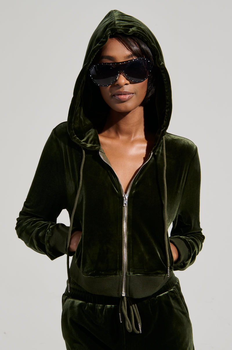 BRAT RHINESTONE VELVET OLIVE ZIP UP SWEATSHIRT