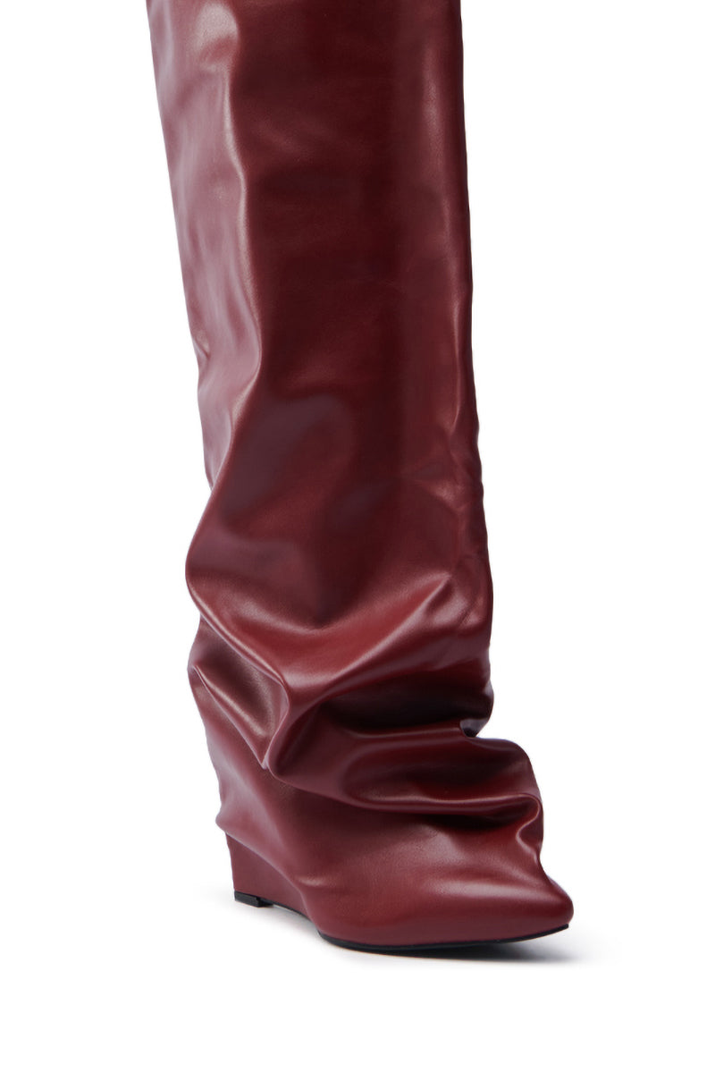 AZALEA WANG TEUILA BURGUNDY WEDGE RUCHED BOOT