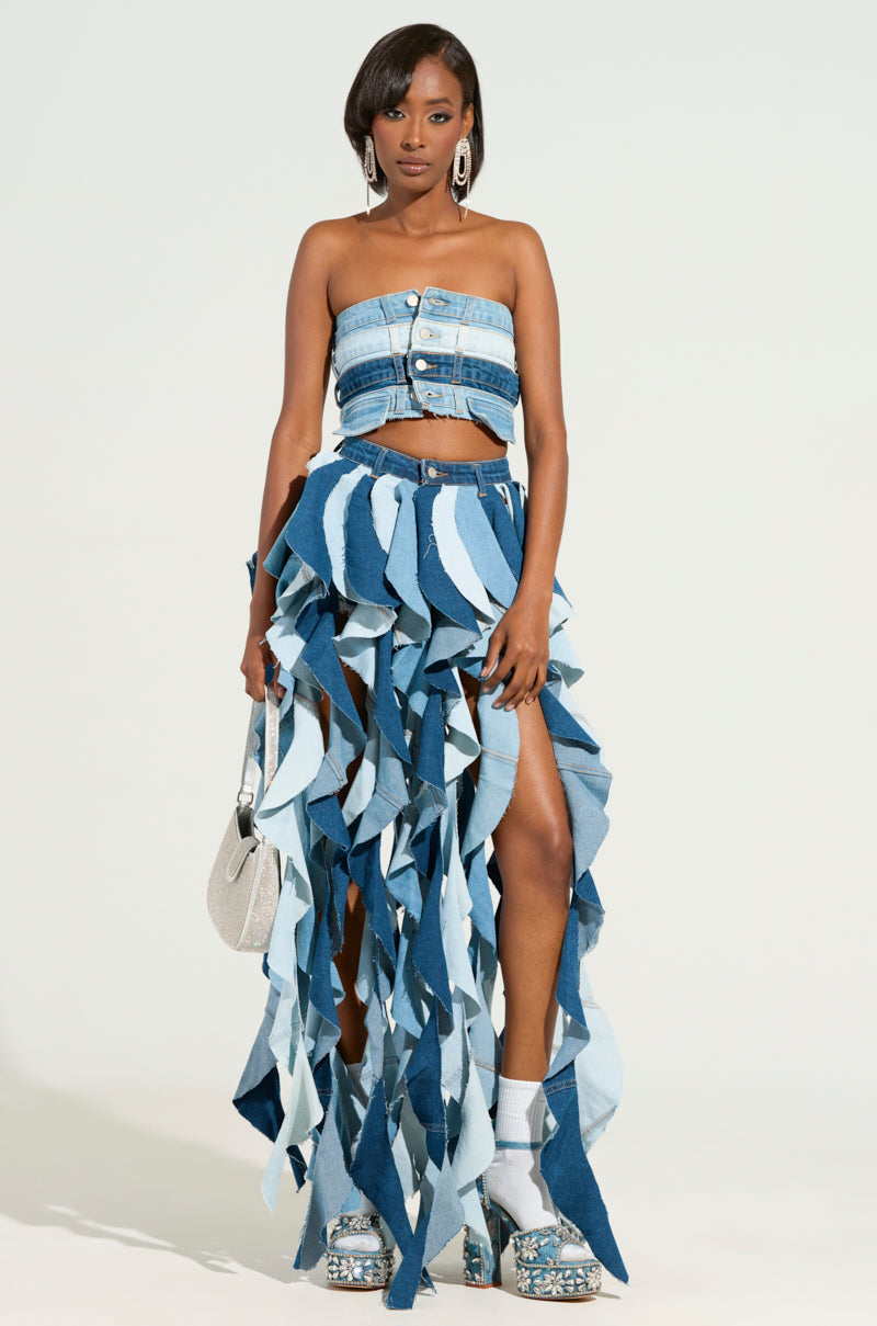 ALESSANDRA DRAMATIC DENIM MAXI SKIRT