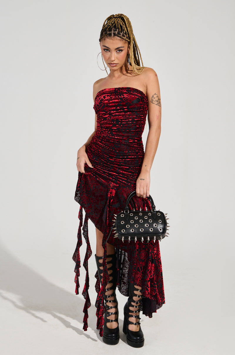 BELLA RUCHED RED VELVET BURNOUT MIDI DRESS