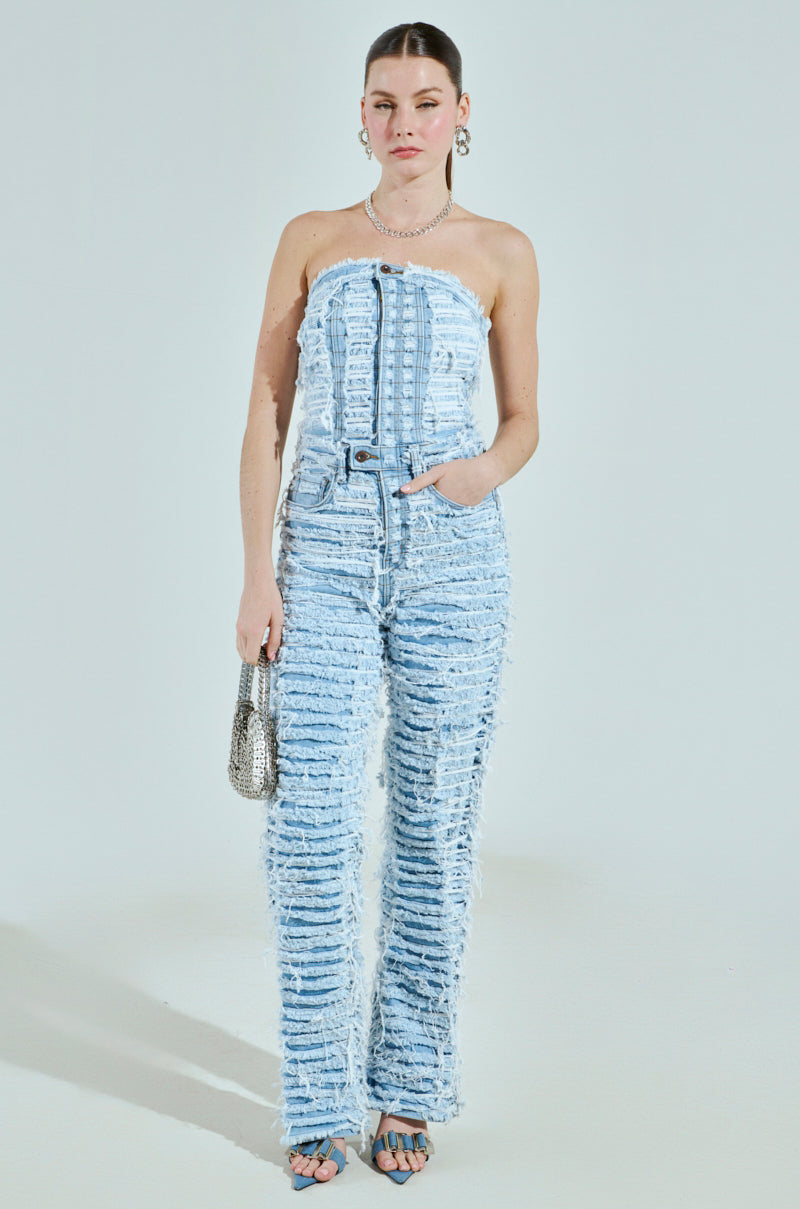 I DONT CHASE I ATTRACT DISTRESSED LIGHT BLUE DENIM JUMPSUIT