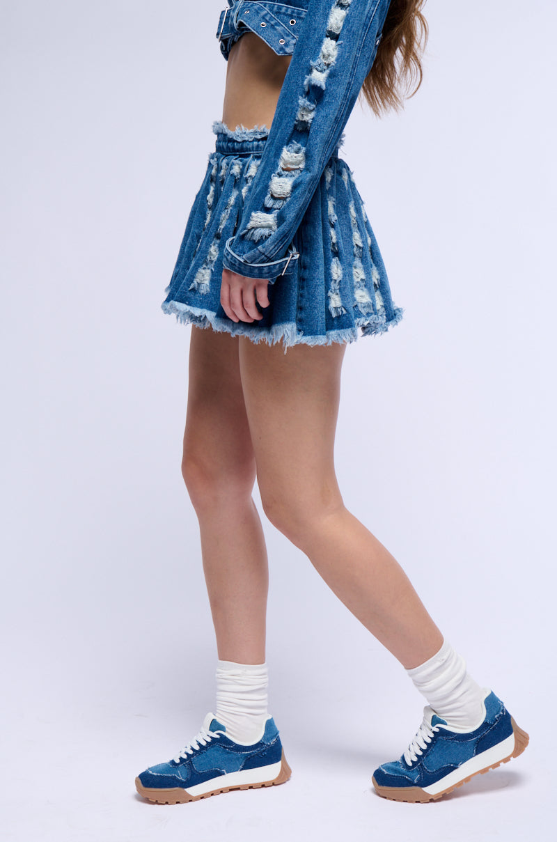 STRESSED OUT CUT OUT PLEATED DENIM MINI SKIRT