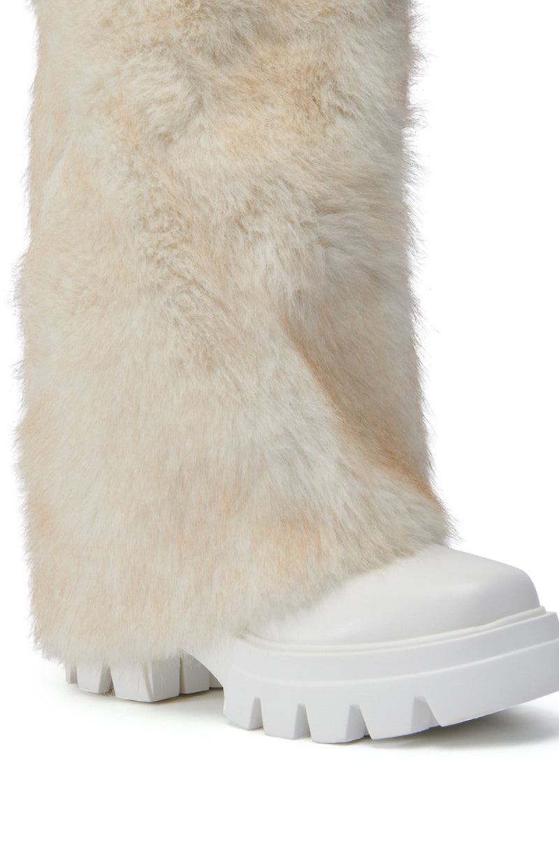 AZALEA WANG ASHOKA WHITE FUZZY FLATFORM MID CALF BOOT