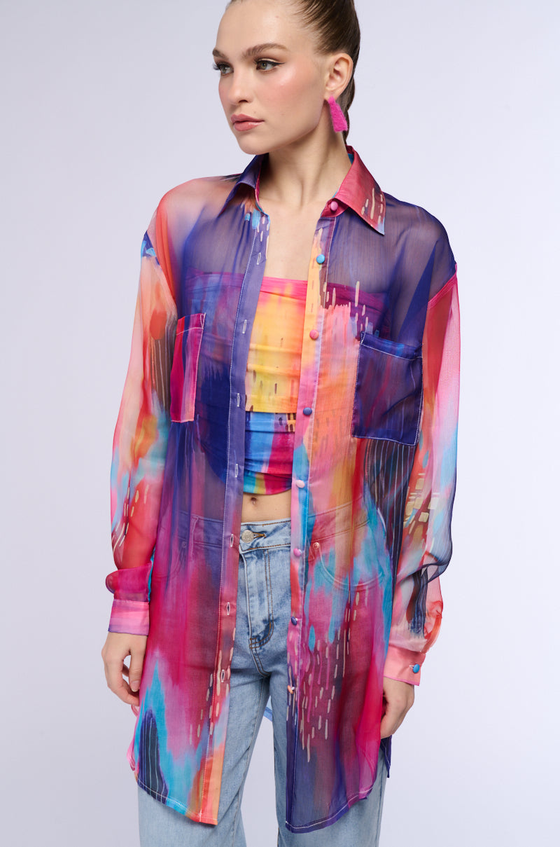 SUNSET DREAMING LONG CHIFFON BUTTON DOWN BLOUSE