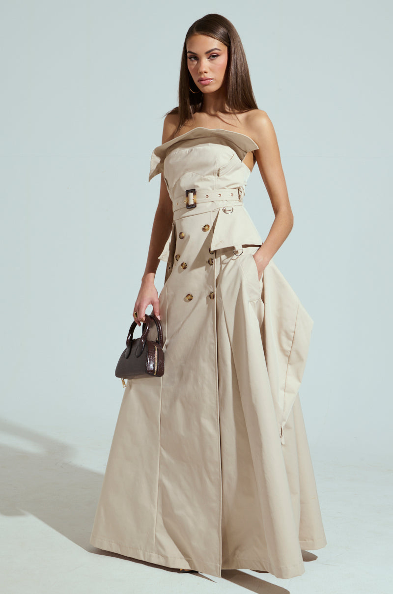 STRAPLESS TRENCH MAXI DRESS