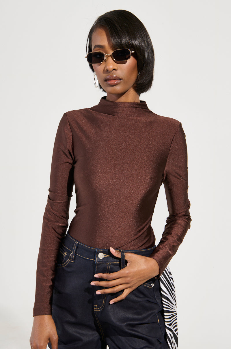 PAXTON DISCO LONG SLEEVE MOCK NECK BODYSUIT IN BROWN