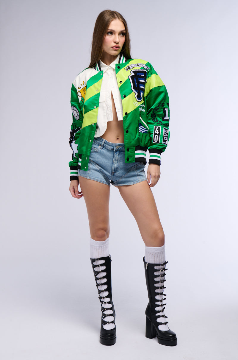 FIRST ROW SEAT COLOR BLOCK BOMBER JACKET IN GREEN