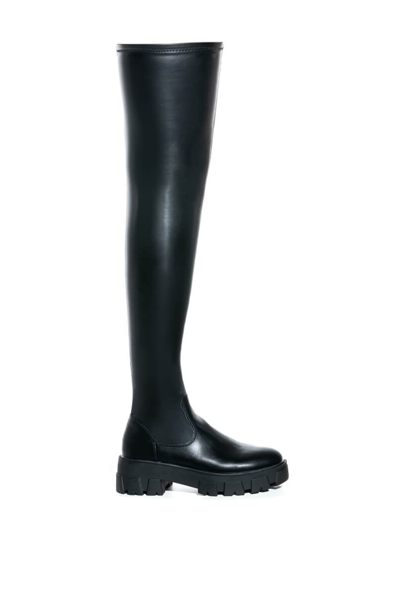 SLIM FIT AZALEA WANG LATE NIGHTS FITTED OVER THE KNEE FLATFORM BOOT WITH 4 WAY STRETCH IN BLACK