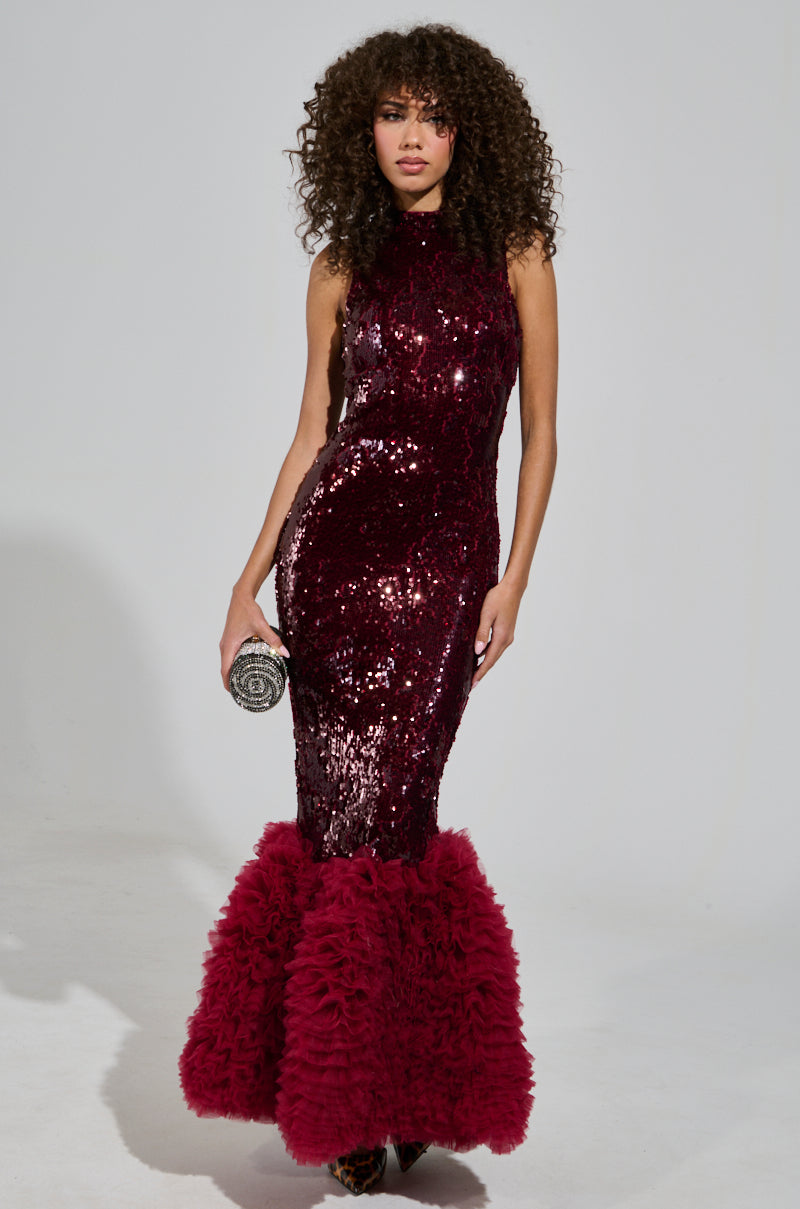 BELLE OF THE BALL SEQUIN RUFFLE MAXI DRESS